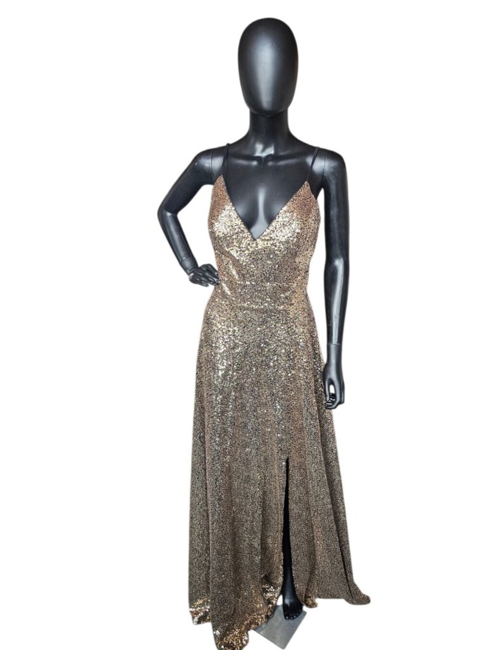 Black/Gold Sequin V-Neck A-Line Prom/Pagent Dress - Sparkle